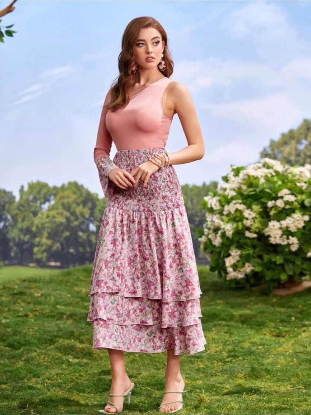Floral Tiered Pink Midi Skirt & Top Set